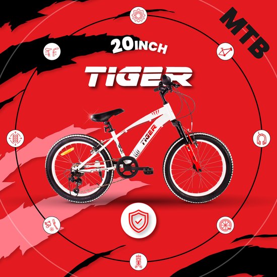 Tiger Bike Kinderfiets voor jongens van 6 tot 10 jaar, 20 inch Wit Rood, wielmaat te kiezen uit 6 versnellingen Shimano, in hoogte verstelbaar van Tiger Bike — afbeelding 2