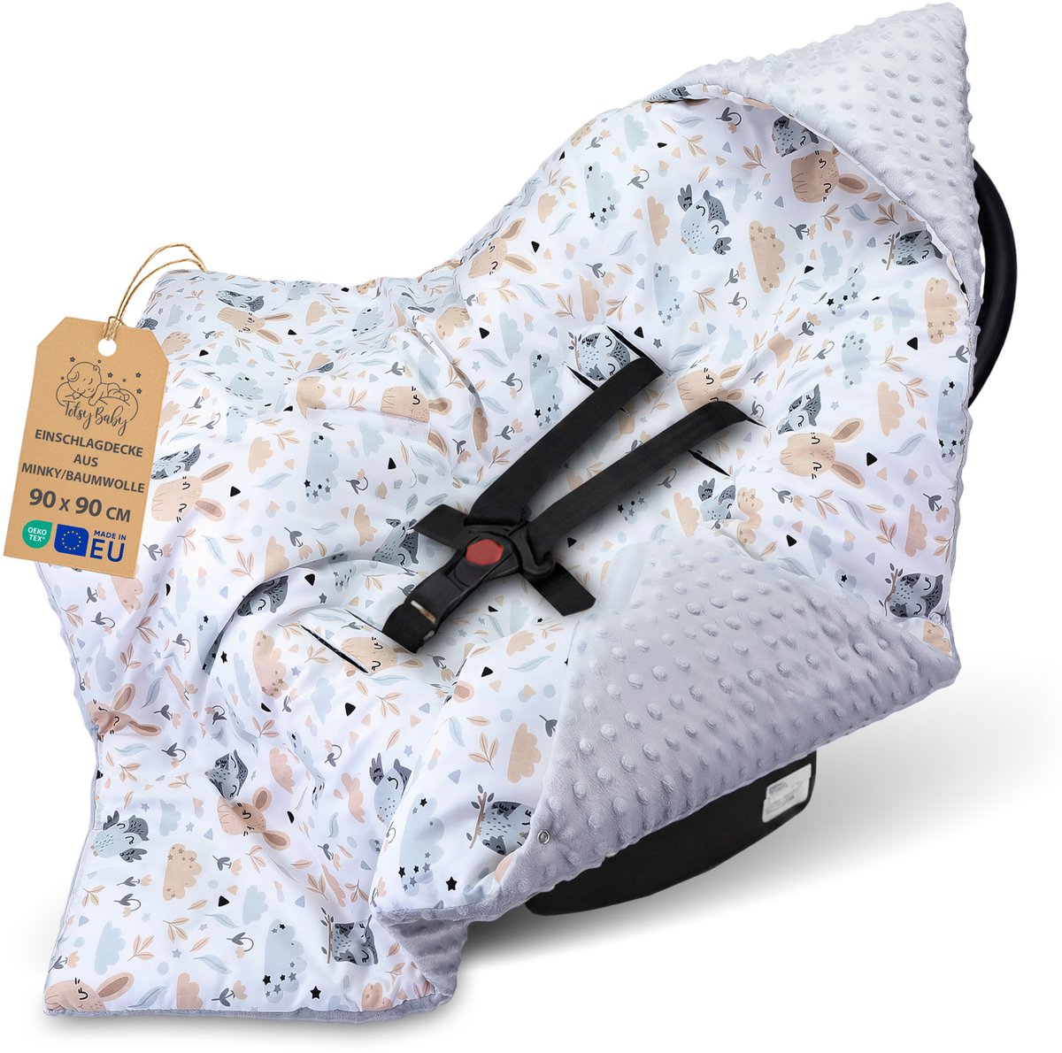 Inbakerdeken voor autostoel en kinderwagen – zachte Minky babydeken dubbelzijdig met capuchon voor pasgeborenen – Hele jaar bruikbaar onderweg en thuis 90×90 cm Uilen lichtgrijs Oeko-Tex