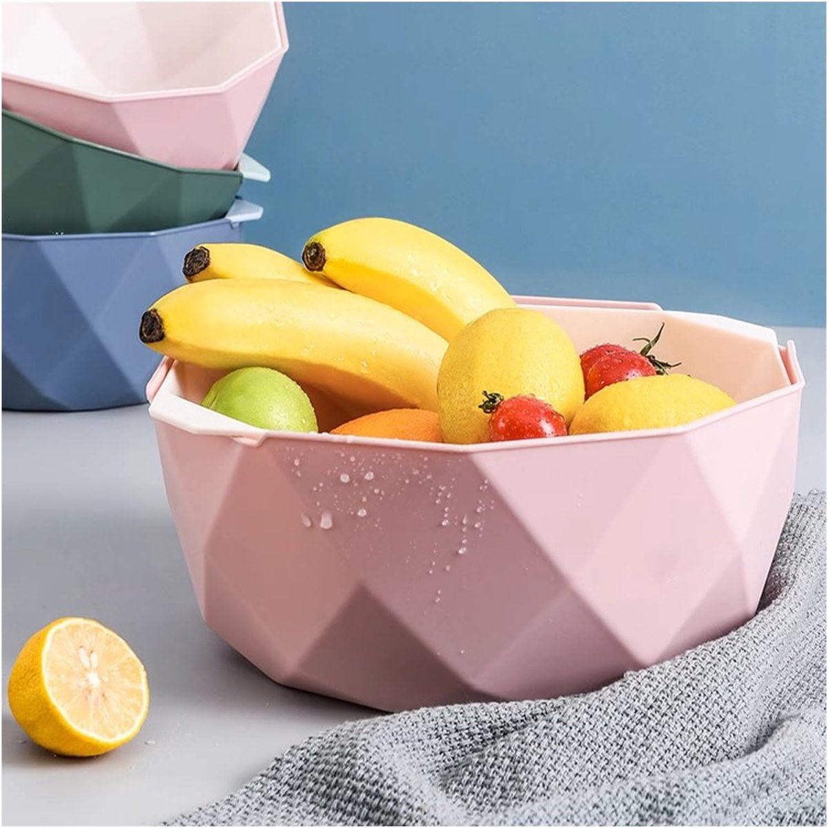 Fruitschaal Fruitschaal Woonkamer Thuis Keuken Dubbel wassen Groenteafvoermand Fruitmand Blauw Groen Roze(Blue,Klein)