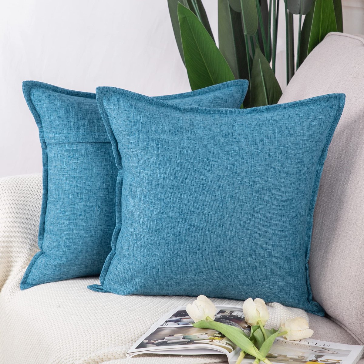 Set van 2 Imitatielinnen kussenslopen Zachte Decoratieve Kussenhoes voor Sofa Slaapkamer Kussensloop 65x65 cm Blauw