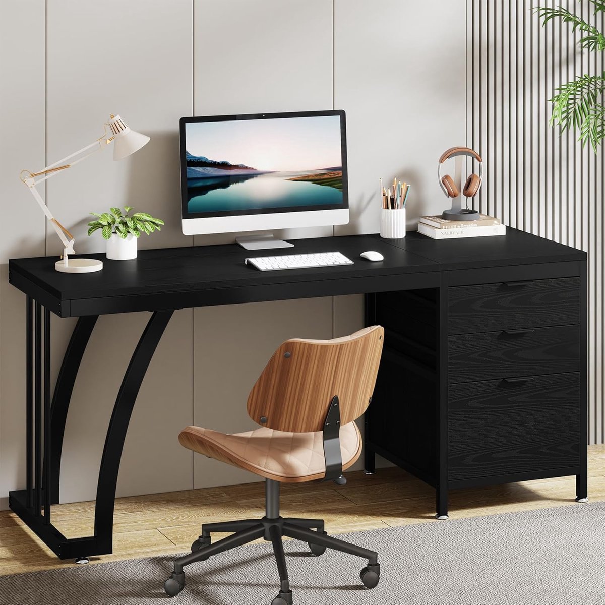 Tribesigns Bureau - Bureau met 3 Schakelbare Ladekast- Computerbureau - Computertafel - Zwart - 150 x 50 x 75cm