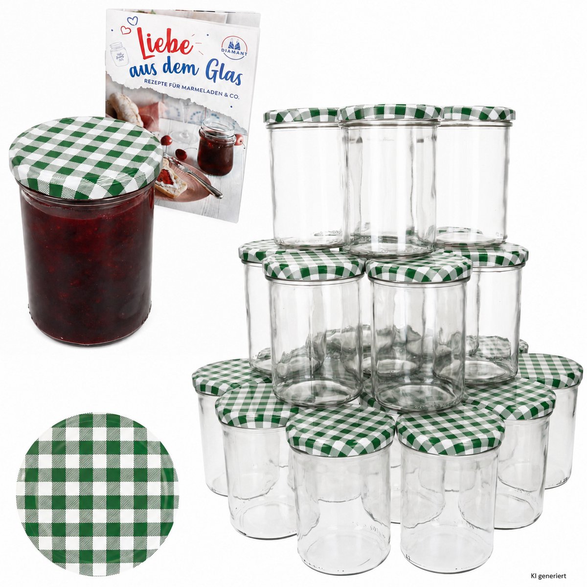 48-delige set sturzglas 435 ml jampot Inmaakpot Inmaakpot Tot 82 groen geruite deksel incl. Diamant-suiker Gelierzauber receptenboekje
