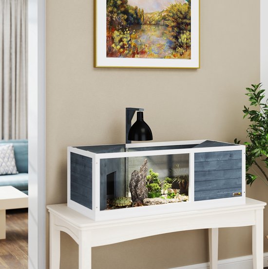 MEUNIQ enclos pour tortues en bois 120 x 50 x 40 cm avec 2 maisons principales, façade transparente, partie supérieure rabattable et support de lampe, terrarium gris