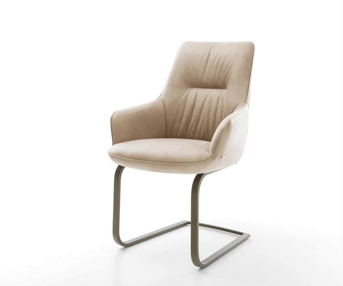 Sledestoel Zelia-Flex met armleuning sledemodel vlak afwerking met titanium microvelours beige vintage pocketveer kern