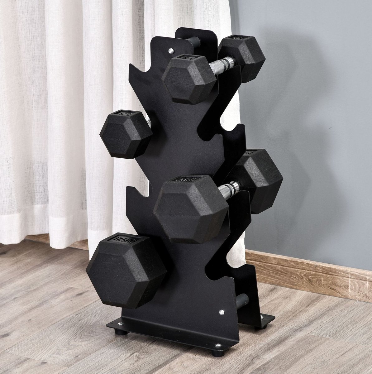 MEUNIQ hexagon halterset 2 x 4 kg zwart met geribbelde metalen grepen, anti-rol ontwerp, vaste gewichten voor thuis, sportschool of kantoor