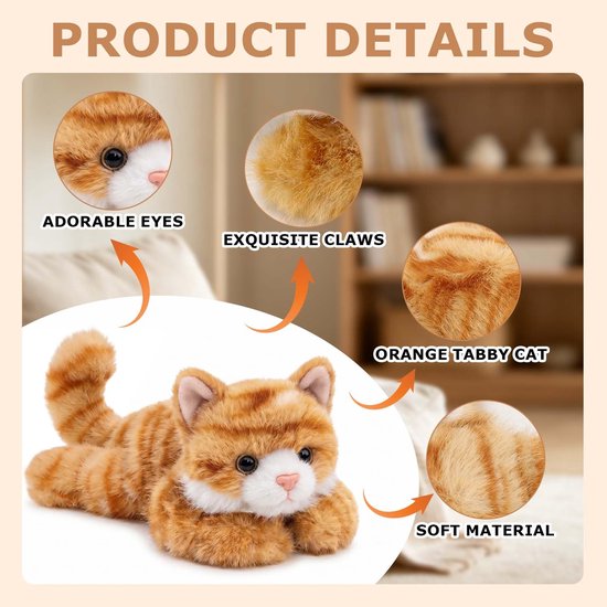 Knuffeldier kat, knuffeldier kat, pluche kattenfiguur, katje, knuffeldier, speelgoed, oranje pluche kat, 18 cm, verzamelstukken, bureaudecoratie, cadeau-idee en feesten, decoratie voor kamer en auto — afbeelding 3