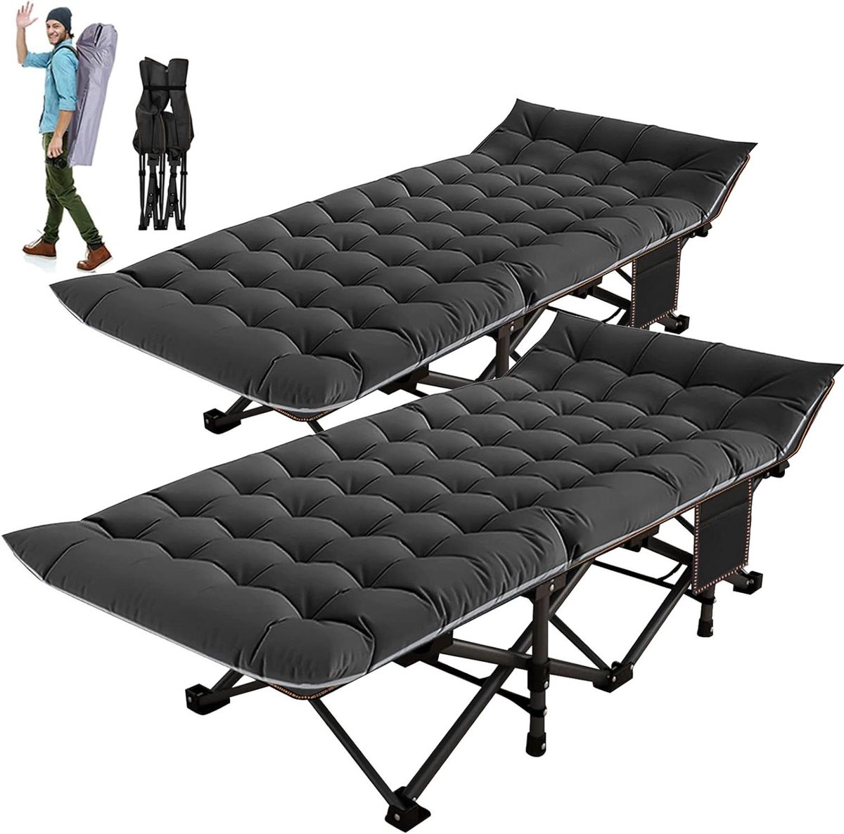 Opvouwbare Campingbedjes - Draagbare Slaapbedjes - Kamperen en Vakantie - Dubbellaags 1200D Stof - 190x71x38 cm - Grijs