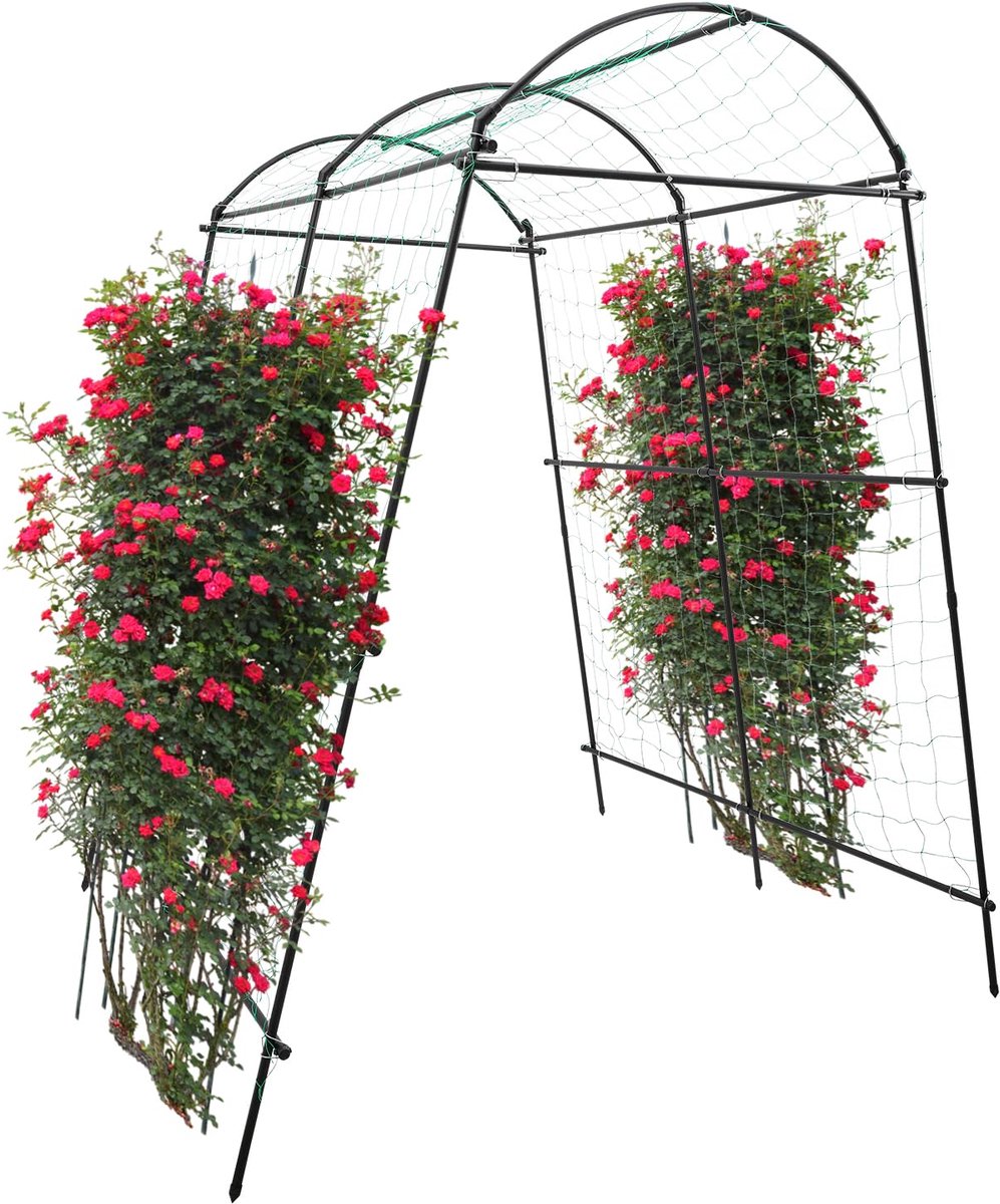 Tuinboog-hekwerk om op planten te klimmen, 2,3 m hoge metalen boog, meloen- en kiwi-hekwerk voor buiten, opvouwbaar tuinverhoogd bloembed