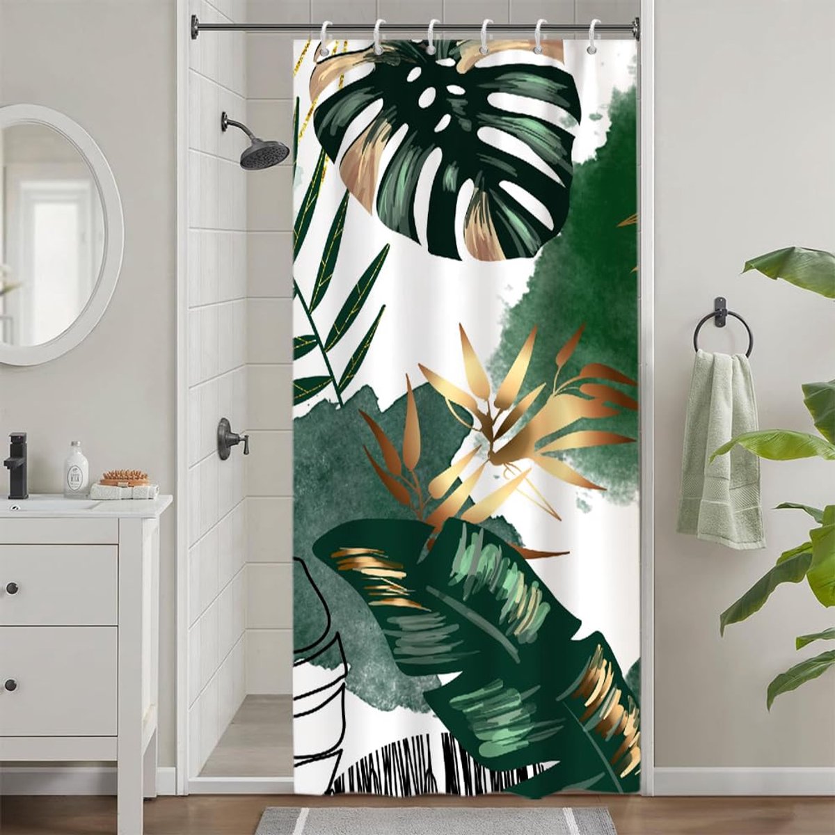 Douchegordijn, schimmelbestendig, klein douchegordijn, 90 x 180 cm, groen, wasbare stof, tropisch, natuur, jungle, badgordijnen, palmbladeren, waterdicht, badgordijnen met 6 haken
