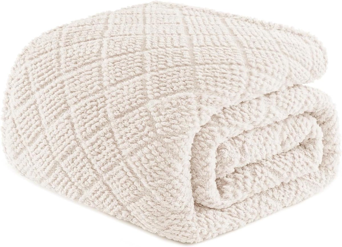 Knuffeldeken Wafel - Woondeken Plaid - Gezelligheid Thuis - Jacquard Patroon - 220 x 240 cm - Wit