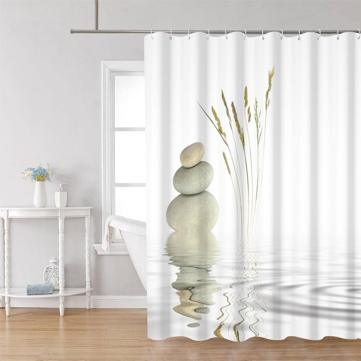 180x200cm, Douchegordijn Anti Schimmel Spa Stenen Grijs Kiezelstenen Zen Landschap Motief Douchegordijnen Stof Wasbaar Waterdicht Polyester Bad Gordijn met 12 Haken voor