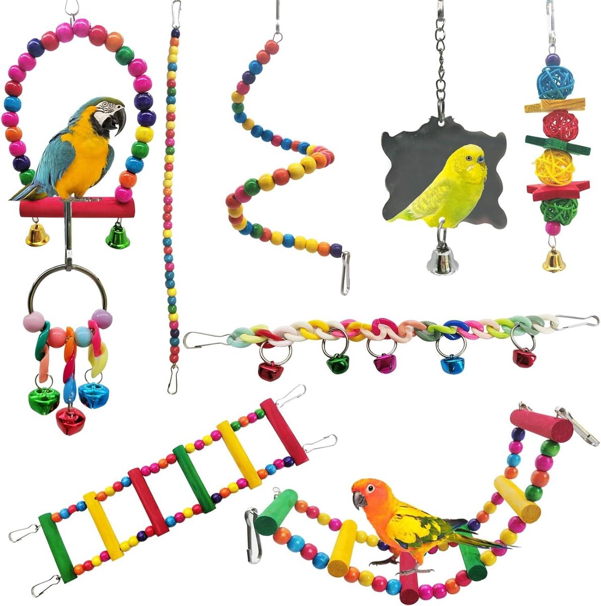 Vogelspeelgoed Set - Papegaai Speelgoed - Vogel Educatie - Natuurlijke Materialen - 7 Stuks - Gekleurd