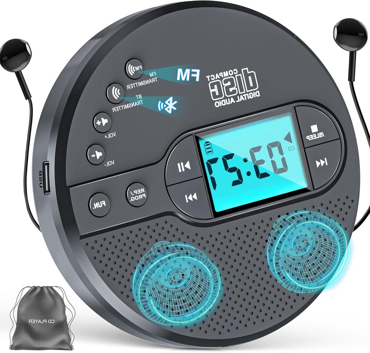 Draagbare CD-speler - Discman Bluetooth - Muziek Luisteren - Met FM-zender - 14.6 x 3.35 x 14.6 cm - Zwart