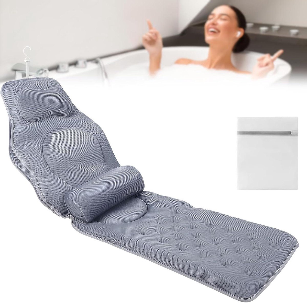 Badkussen Lichaam - Badmat Hoofdsteun - Ontspannen Baden - Extra Dik Comfort - 138 x 45 cm - Grijs
