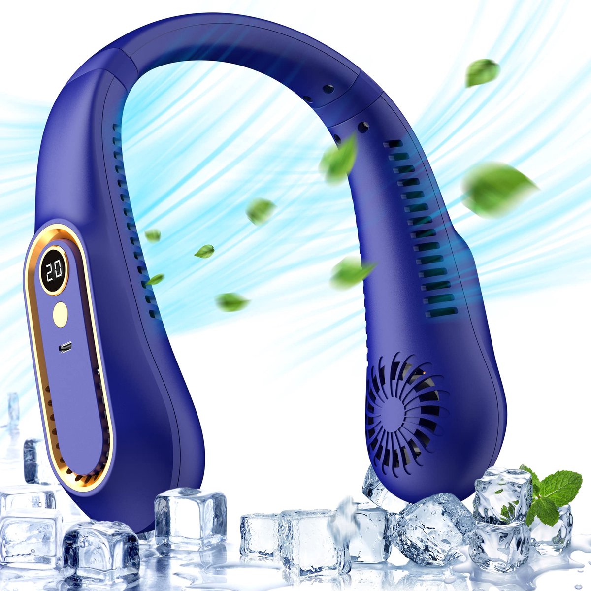 Draagbare nekventilator, 5 snelheden, instelbaar, USB-oplaadbare batterij, persoonlijke nekventilator voor dames en heren, kleine draagbare handsfree ventilator met LED-scherm en 720° koelende luchtstroom - wit