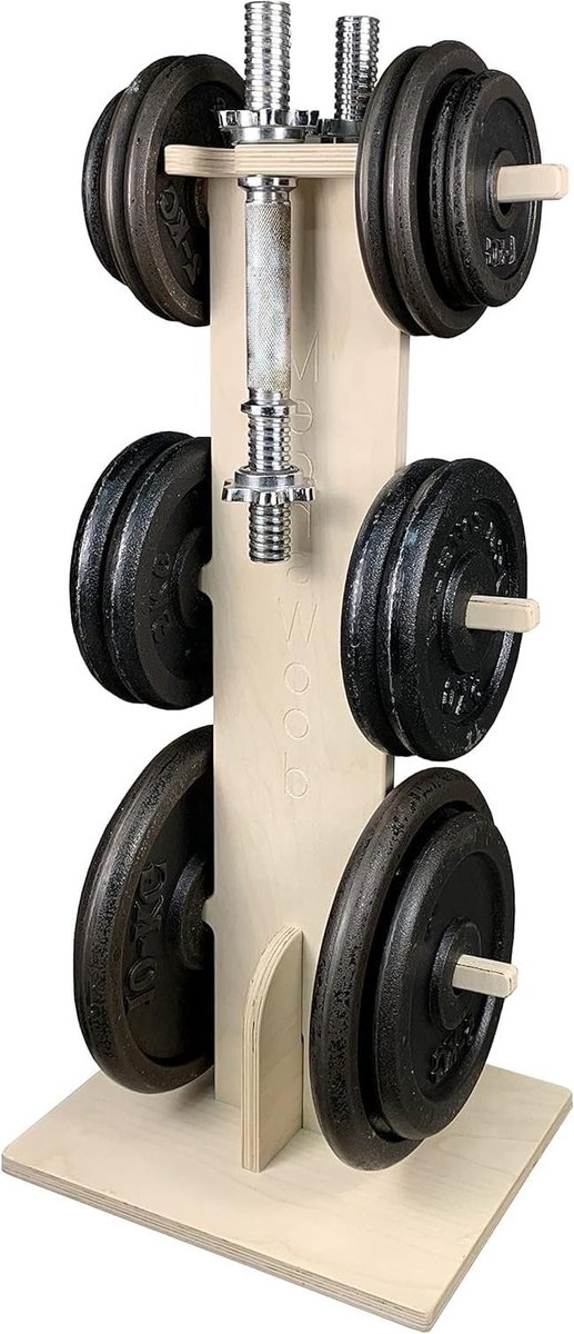 Halterbank Hout - Gewichtsplaten Houder - Home Gym Organiseren - Verschillende Hoogtes - 52.5 cm Hoog - Natuurlijk Hout