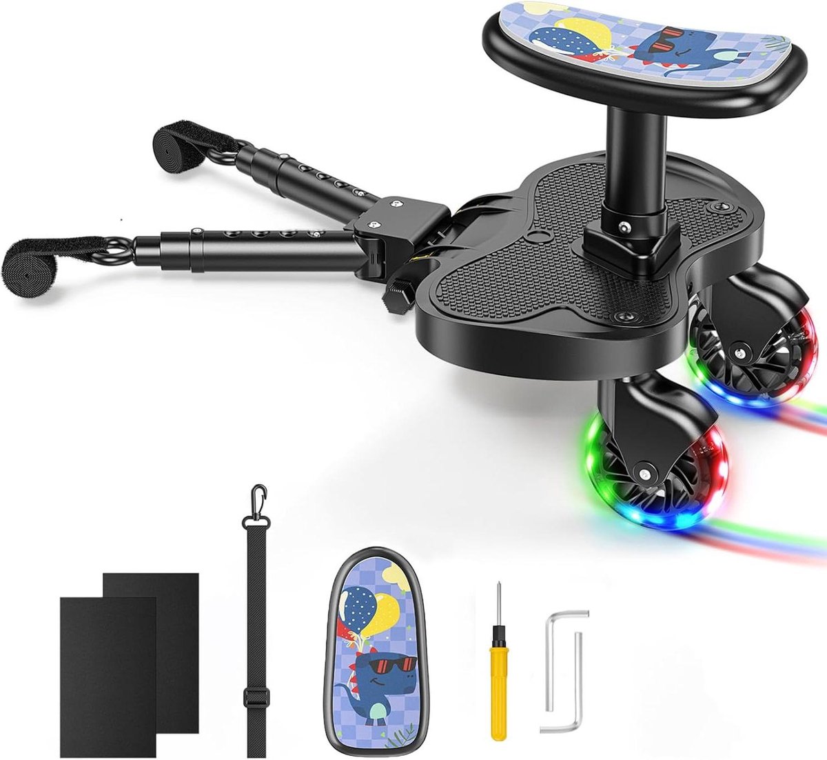 Buggy Board met Stoeltje - Meerijdplankje Kinderen - Uitstapjes Maken - Universele Pasvorm - Tot 25 kg - LED Wielen