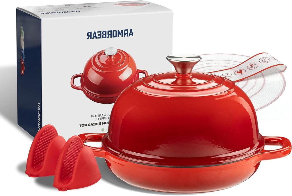 Gietijzeren Broodpan - Zuurdesem Oven Broodbakpan - Brood Bakken - Koepelvormig Deksel - 5 Quarts - Rood