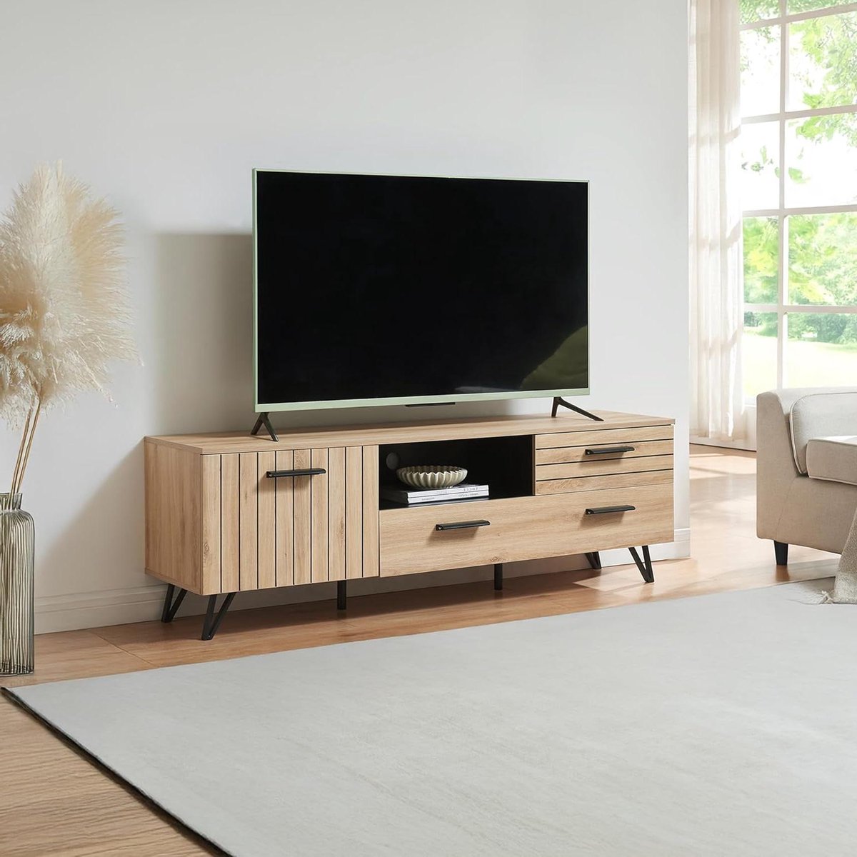 Tv-meubel - Lowboard Media kast - Media opbergen - Kabeldoorvoer - 150x38x49 cm - Eiken en zwart
