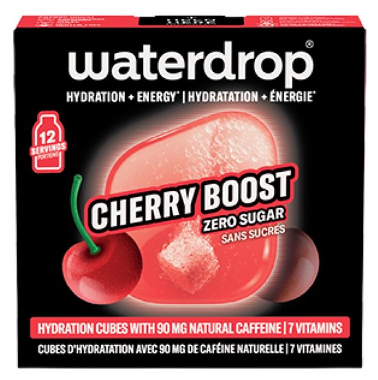 Waterdrop Cherry Boost: 12 porties hydratatieblokjes, 90mg cafeïne, 7 vitaminen, zonder suiker.