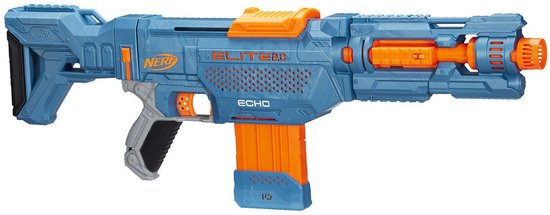 Blauwe en oranje Nerf Elite 2.0 Echo CS 10 blaster met afneembaar magazijn.