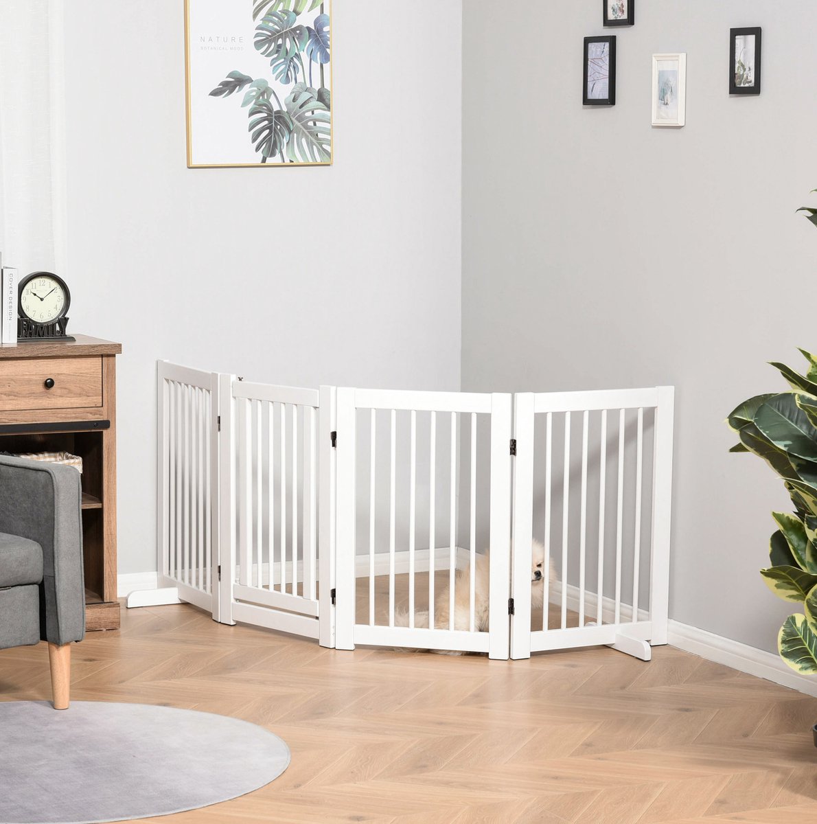 MIVRAY Hondenhek – 4-delig Opvouwbaar Ontwerp – 220 x 91 cm – Massief Grenenhout – Wit – Vrijstaand Met Deur en 2 Steunvoeten