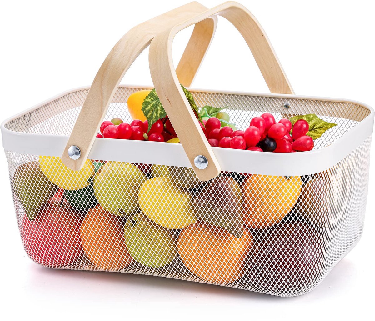 Mesh opbergmand met handvat, tuinoogstmand, fruitmand van gaas voor het verzamelen van groenten, multifunctionele metalen draadmand voor keuken, tuin, picknickkast, wit