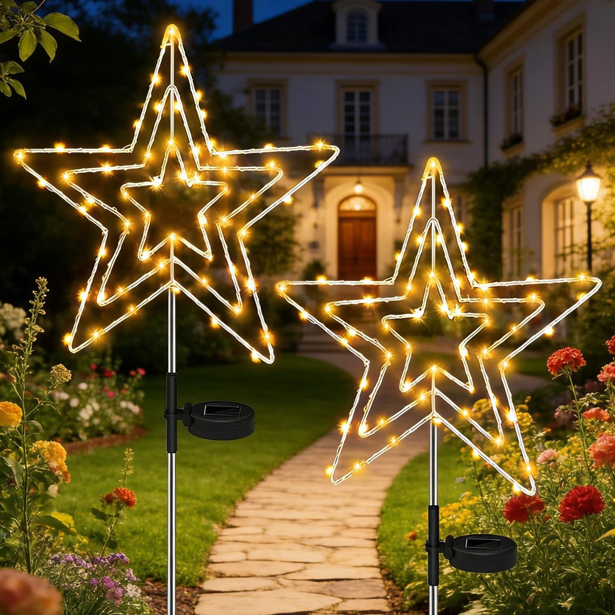 Kerstverlichting op zonne-energie, 2 stuks, 75 leds, tuinsteker, kerstverlichting, 8 modi, tuinsteker, ster, waterdicht, kerstster voor tuin, kerstdecoratie