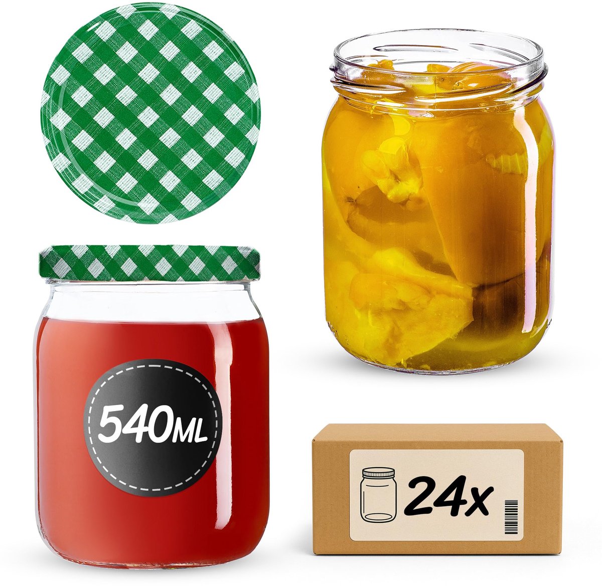 Set van 24 inmaakpotten, 540 ml, TO82, groen geruit, weckpotten met schroefdeksel, luchtdichte twist-off glazen, meal prep, overnight oats, zuurdeeg