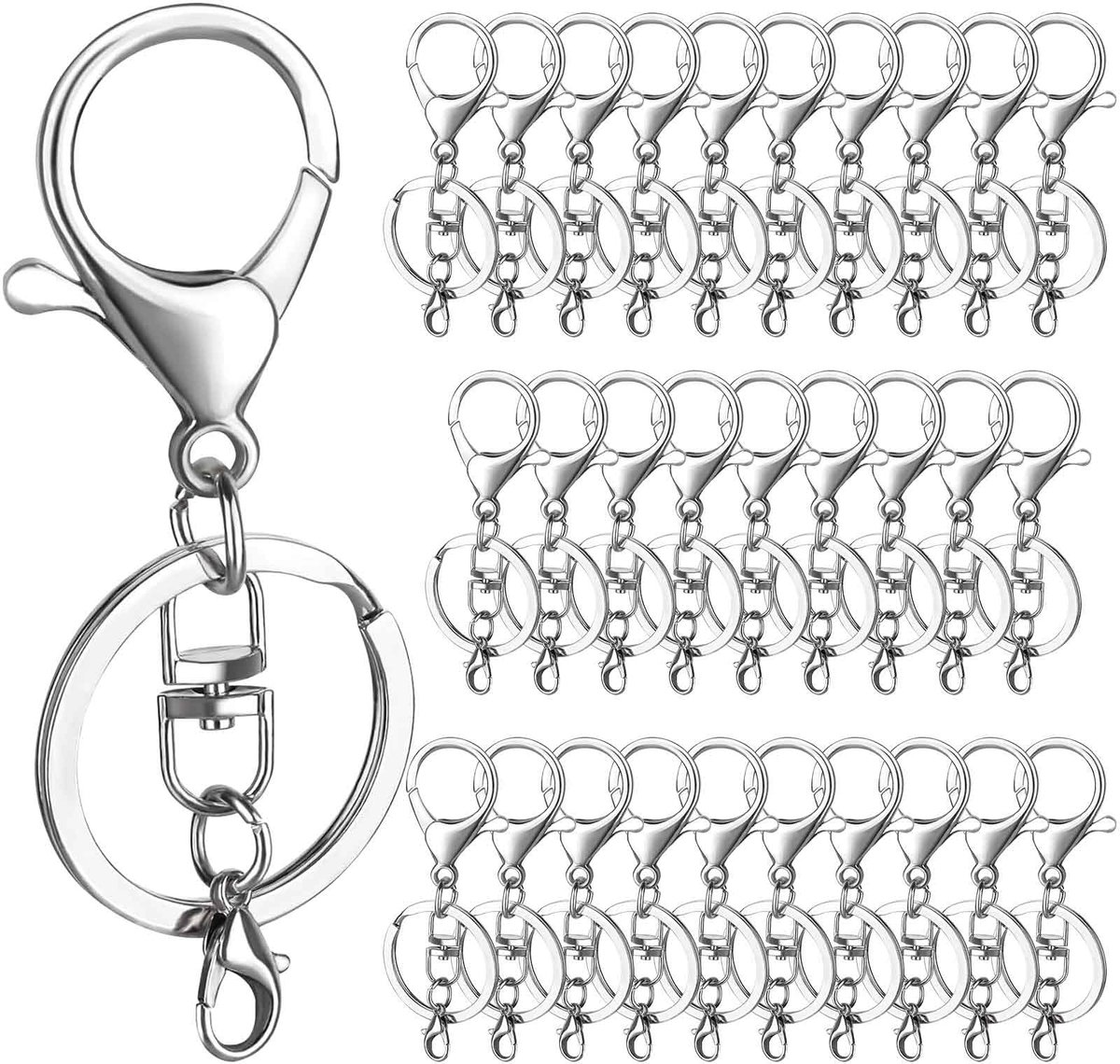 knutselen, 30 stuks, doe-het-zelf sleutelhanger, ringenset, zilveren karabijnsluitingen, sleutelring met ketting, sleutelringen 25 mm, voor sleutelringen, doe-het-zelf sieraden maken