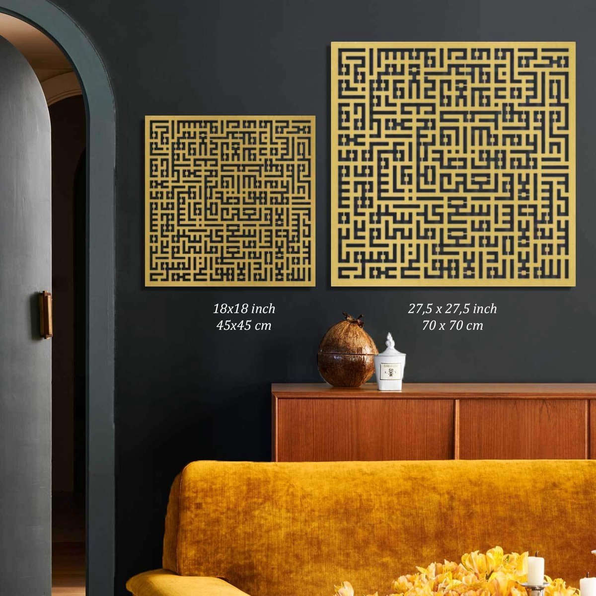 Kuficislamitische 100% metalen muurkunst, wanddecoratie voor moslims, Ramadancadeau (Ayatul Kursi) (goud, groot)