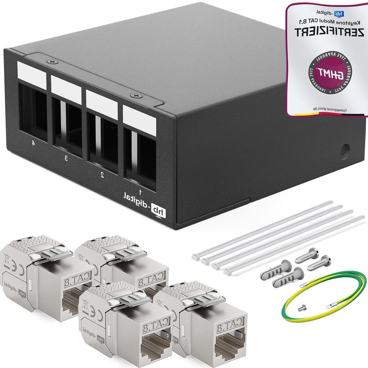 Patchpaneel 4 Poorten - Netwerkverdeler Keystone - Netwerkverbindingen Uitbreiden - CAT 8 RJ45 Modules - 1 HE - Zwart