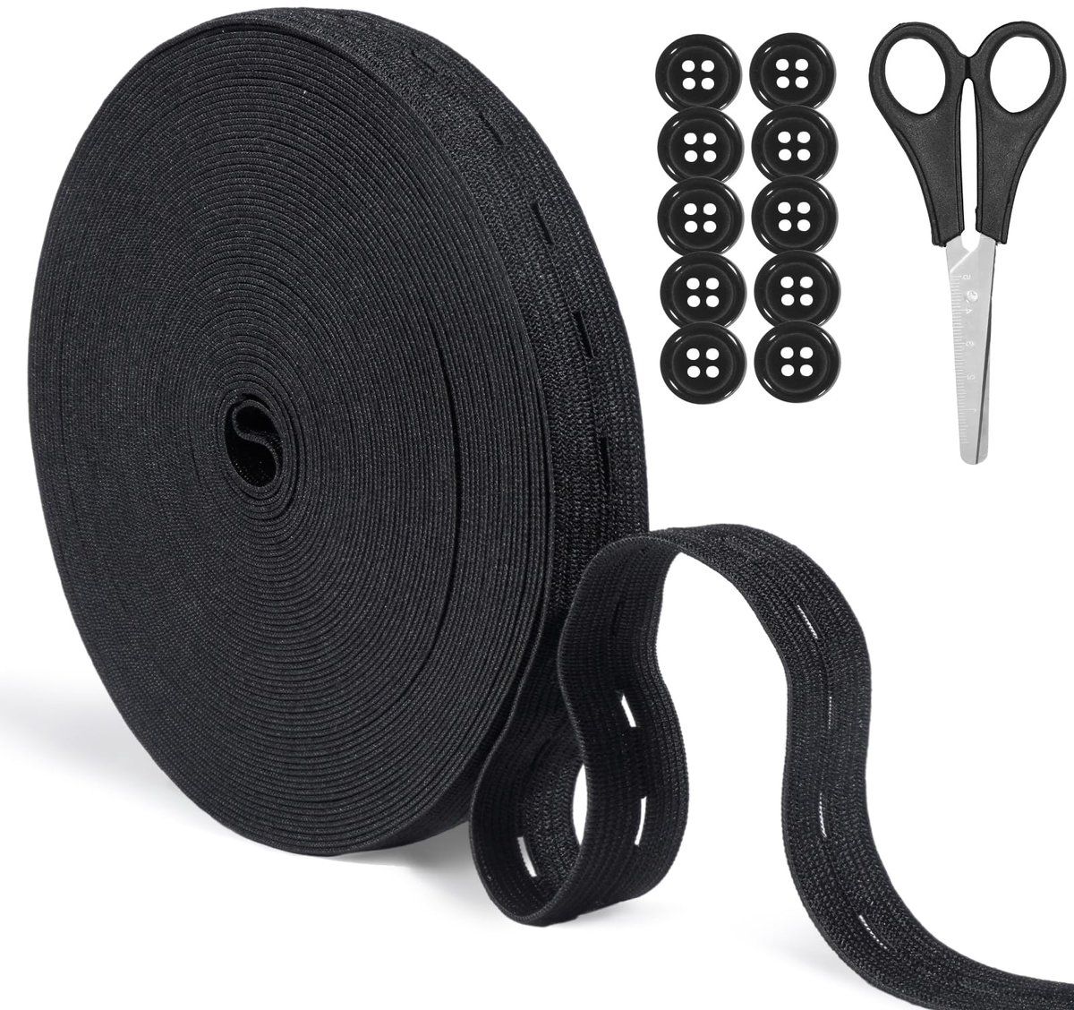 Elastiek met knoopsluiting, 20mm breed, voor naaien en breien, elastische band met ogen en12 knopen van kunsthars, ideaal voor maataanpassingen op kleding