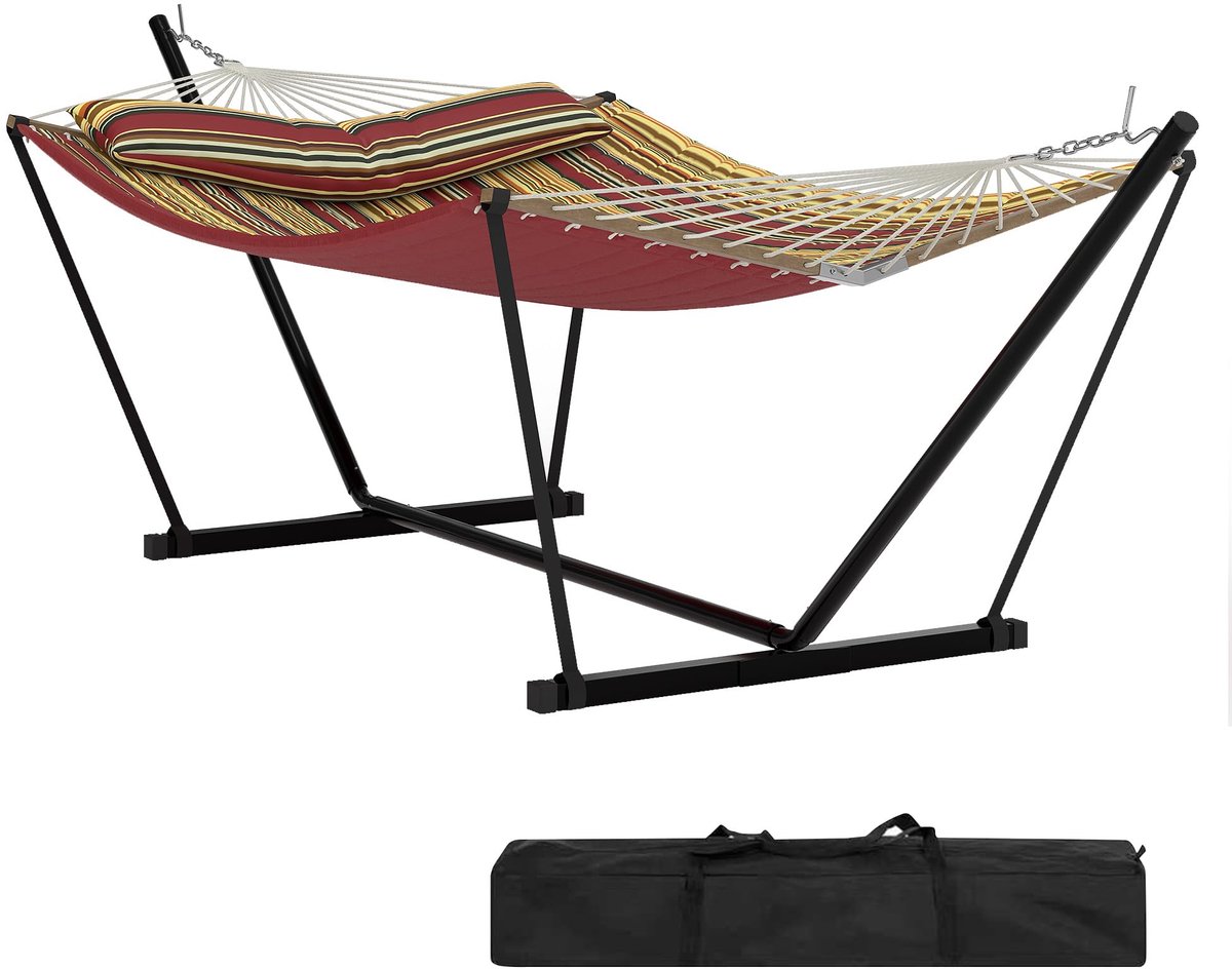 Hangmat Met Stalen Standaard - Schommelbed Outdoor - Draagtas - Afneembaar Kussen En Mat - V-Vorm Spreidstok - 200kg Draagvermogen - Voor Tuin Strand Zwembad Binnen Buiten - Rode Strepen
