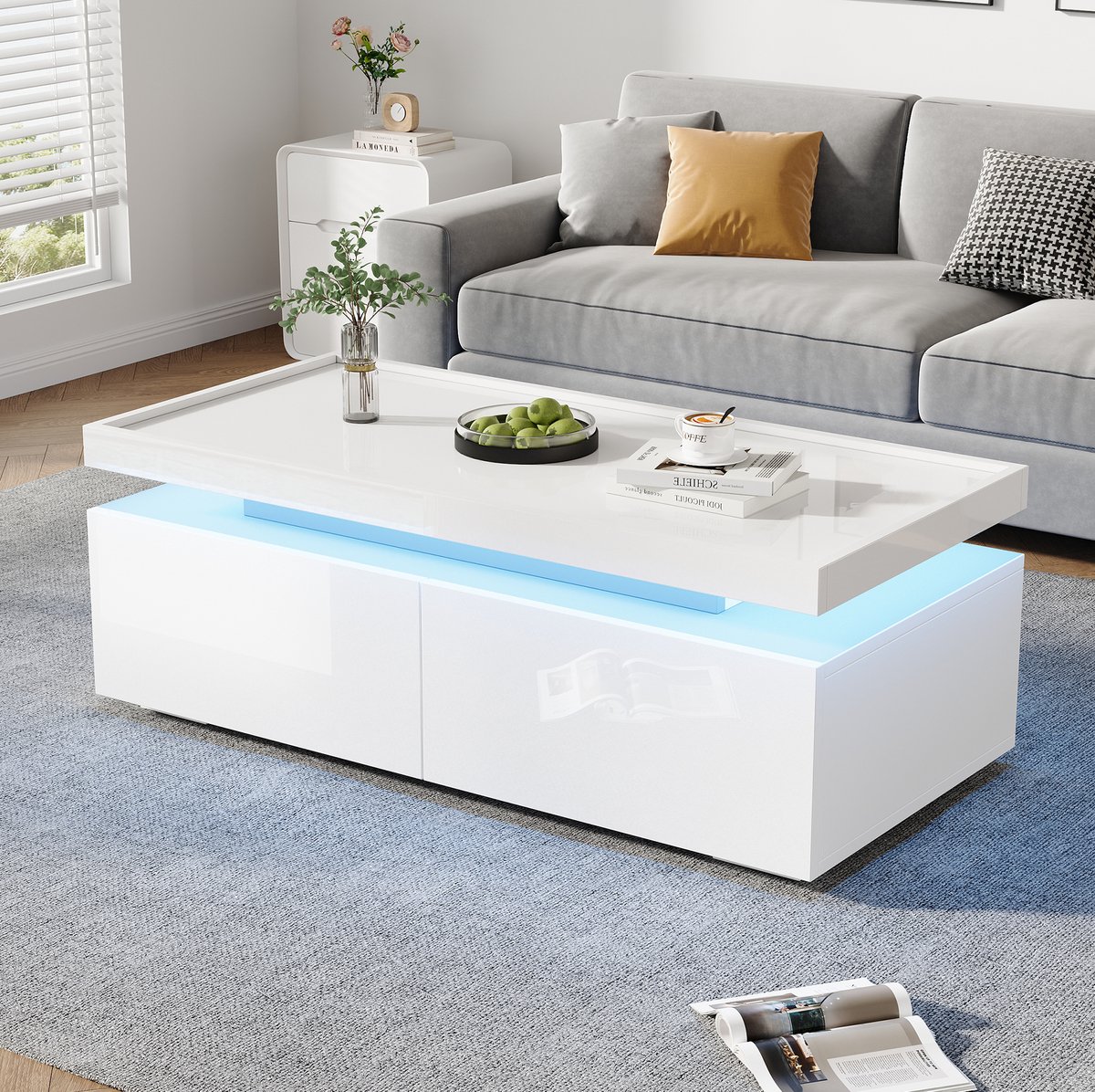 HAUSS SPOLE Salontafel - Hoogglans Met Ledverlichting En 2 Lades - Voor Woonkamer - Spaanplaat - 95 x 45 x 35 cm - Wit