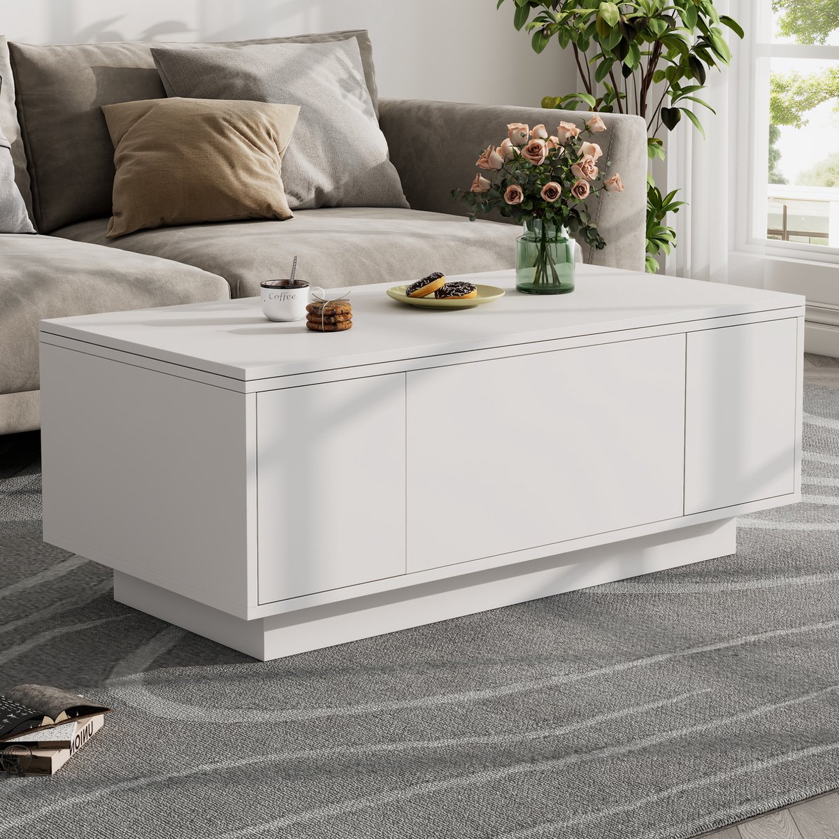 HAUSS SPOLE Salontafel - Dubbel Hefbaar Tafelblad Met Verborgen Opbergruimte - Voor Woonkamer En Werken - Spaanplaat - 100x50x43 Cm - Wit