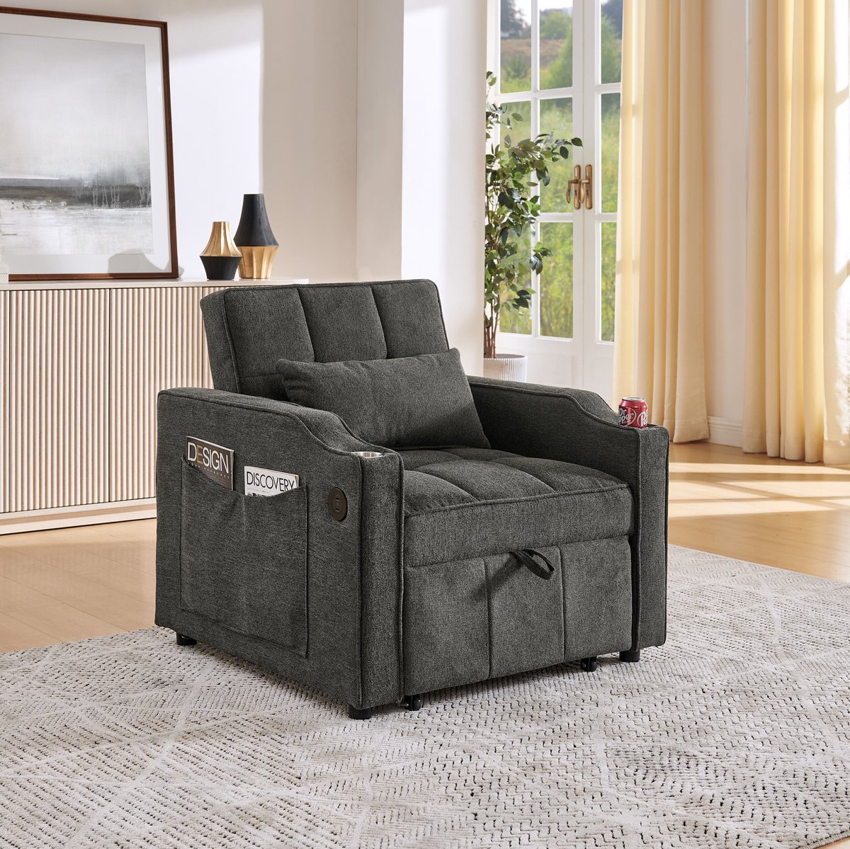 FloraGrace Chaise Longue 190 cm - 3-in-1 Slaapfauteuil Met USB En USB-C, Bekerhouder En 3-Standen Rugleuning - Voor Kleine Ruimtes En Gasten - Hout En Linnen - Donkergrijs