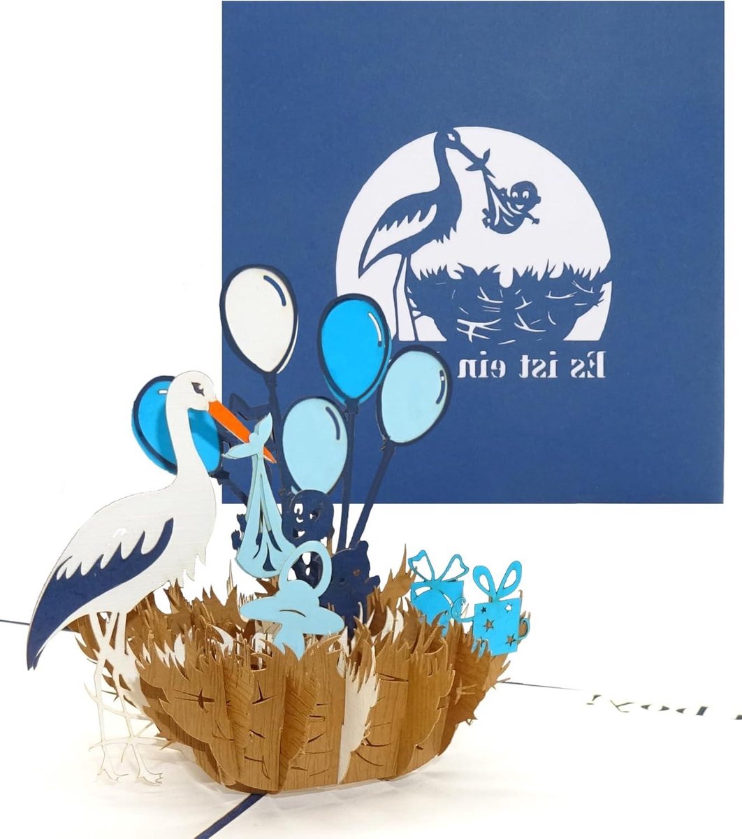 3D Geboortekaart - Wenskaart Pop-up - Geboorte Vieren - Met ooievaar motief - 15 x 15 cm - Blauw