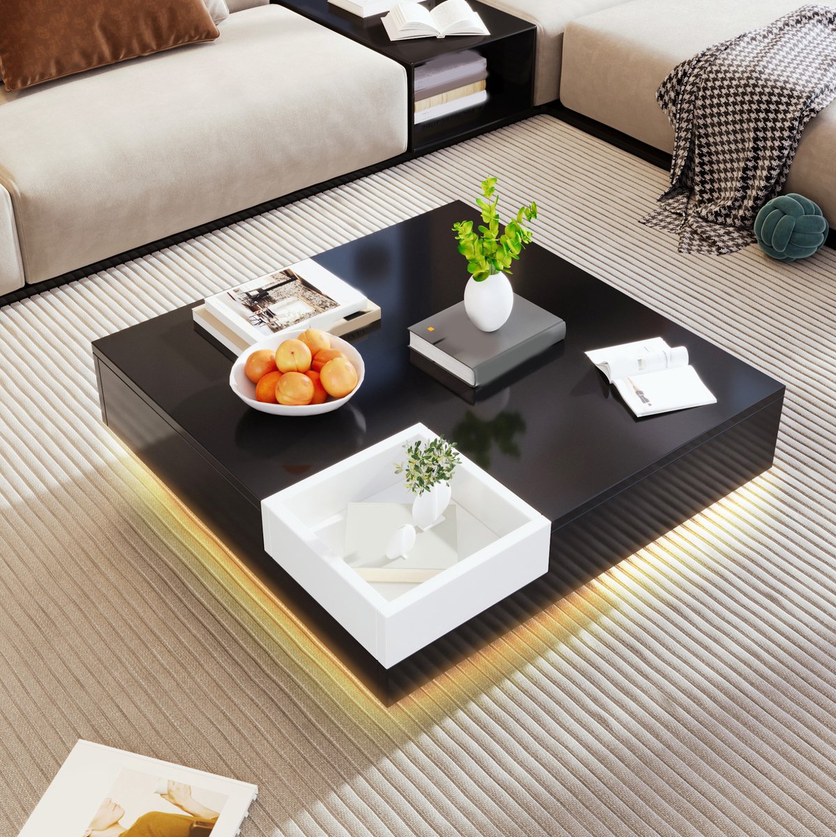 HAUSS SPOLE Salontafel - Hoogglans Met Led En Uitneembare Opbergbox - Voor Woonkamer - Spaanplaat - 72x72x30 Cm - Zwart Wit