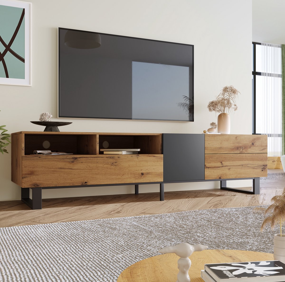 HAUSS SPOLE Dressoir - Tv-Meubel Met Opbergruimte En Greeploos Ontwerp - Voor Woonkamer - MDF En Metaal - 180 x 38 x 50 cm - Eikenkleur Antraciet