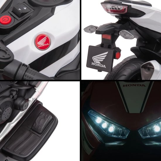 Collage van witte Honda kindermotor: Honda logo, achterlicht, rijpedaal en LED koplampen.