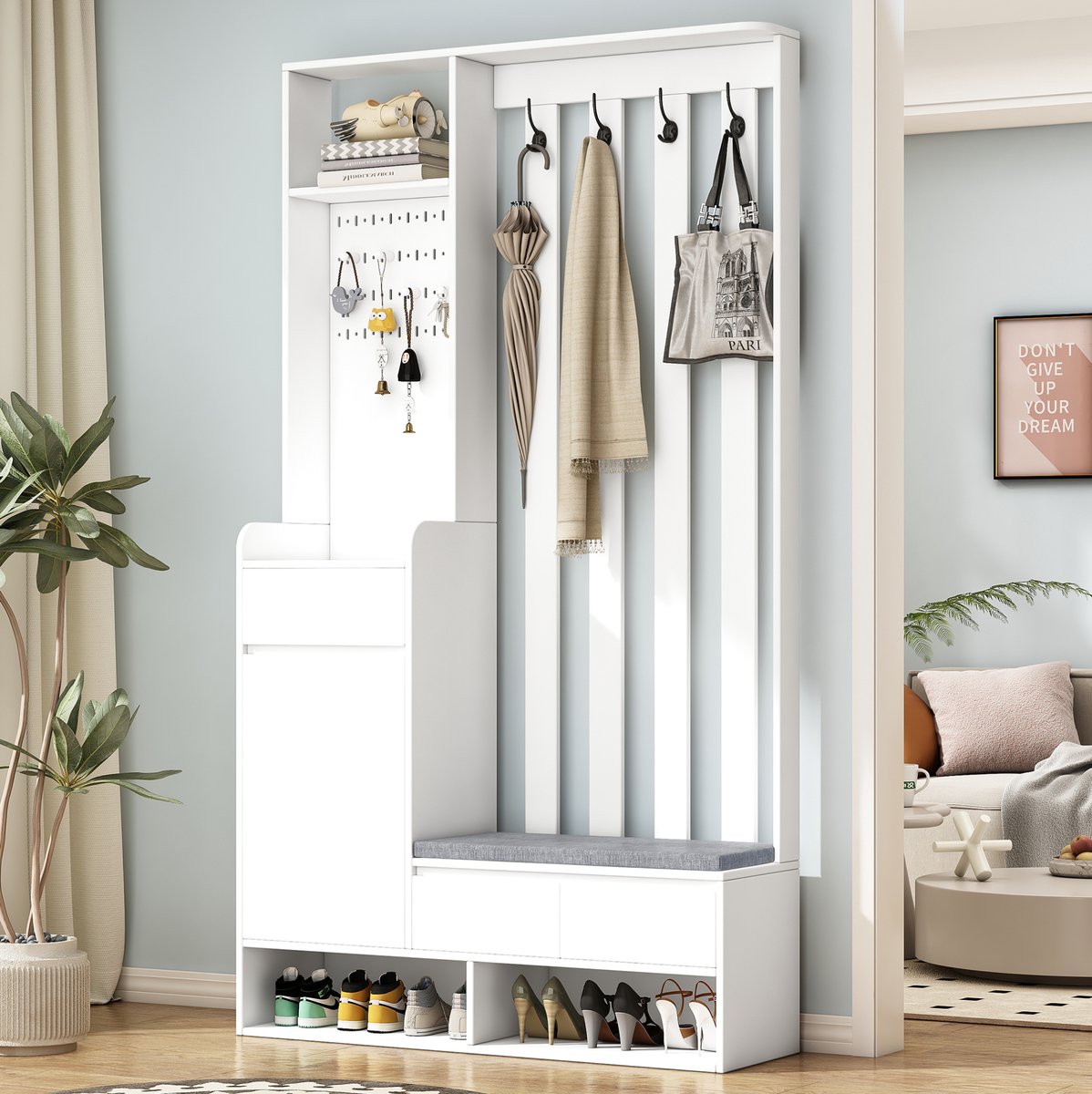 HAUSS SPOLE Schoenenkast - Multifunctionele Halgarderobe Met Zitbank En Steekbord - 4 Haken - MDF - 180x100x35 Cm - Wit