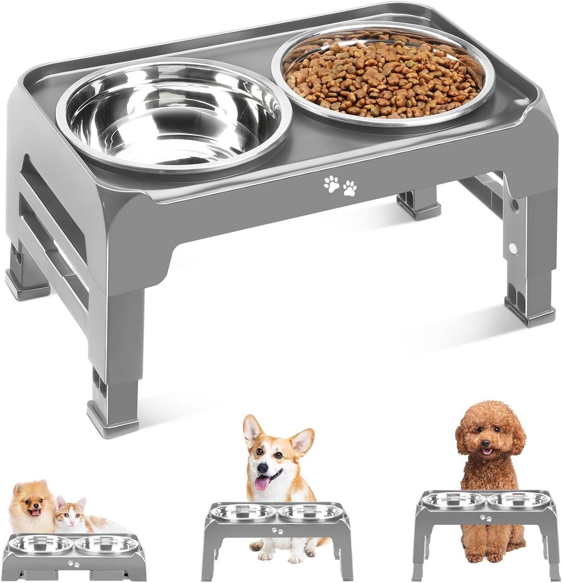 Verhoogde Hondenbak - Hondenvoerstandaard Voerbak - Ergonomisch Eten - Verstelbare Hoogte - 35 x 20 x 19 cm - Grijs