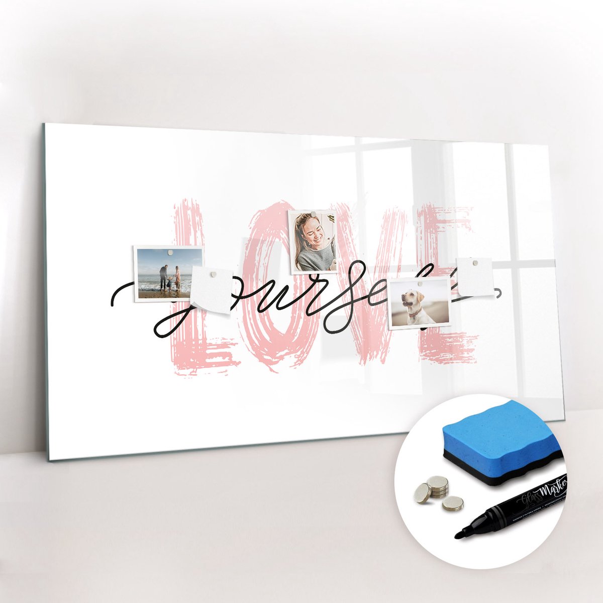 Tulup Whitebord - Inscriptie: hou van jezelf hart - 120 x 60 cm - Wit Magneetbord Design - Gratis 5 Sterke Magneten + Whiteboard Marker & Wisser - Stylish Memo Board - Magnetisch Memobord - Notitiebord Werkplek