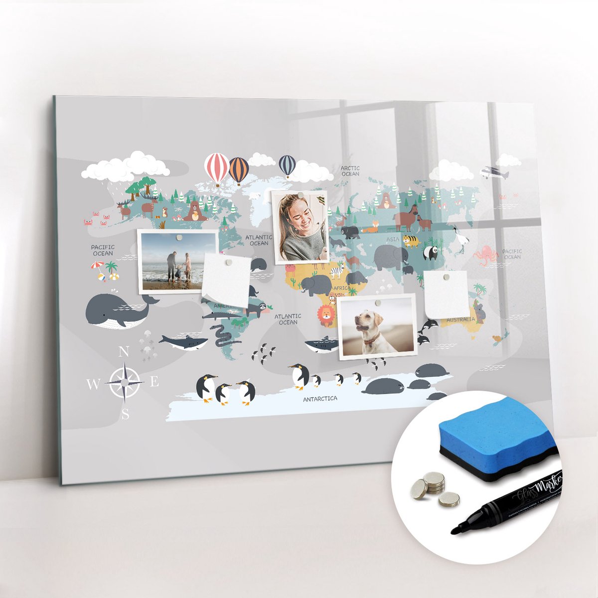 Tulup Whitebord - Cartoonkaart - 100 x 70 cm - Veelkleurig Memo Bord - Gratis 5 Sterke Magneten + Whiteboard Marker & Wisser - Stylish Memo Board - Magnetisch Bord - Planning Muur