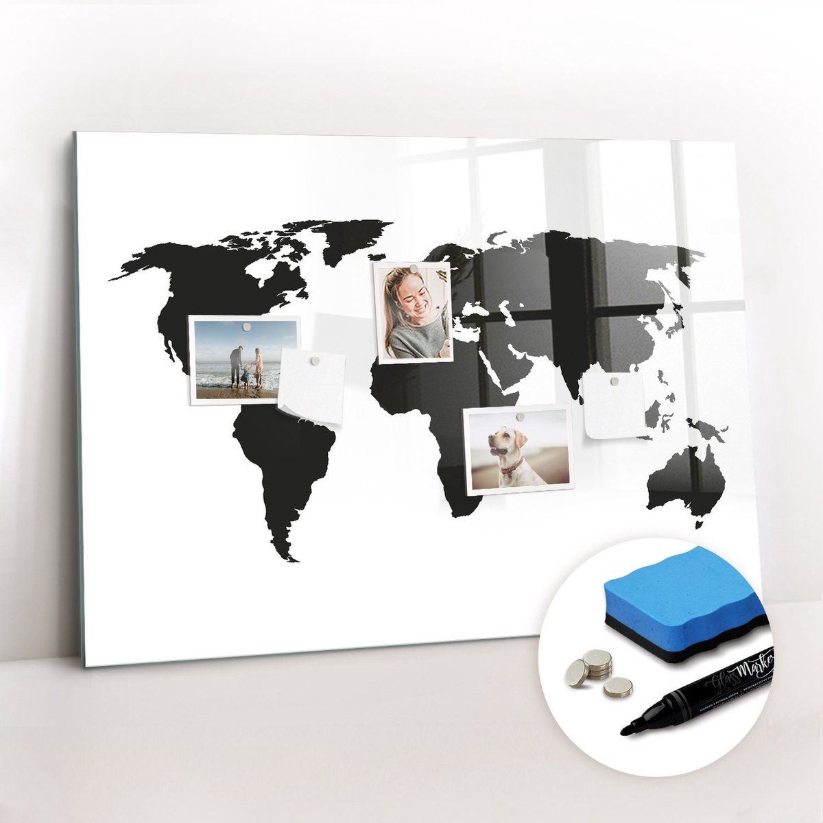 Tulup Whitebord - Zwarte wereldkaart - 100 x 70 cm - Zwart Magnetisch Bord - Gratis 5 Sterke Magneten + Whiteboard Marker & Wisser - Design Memobord - Magnetisch Memobord - Ideeënbord Thuiswerkplek