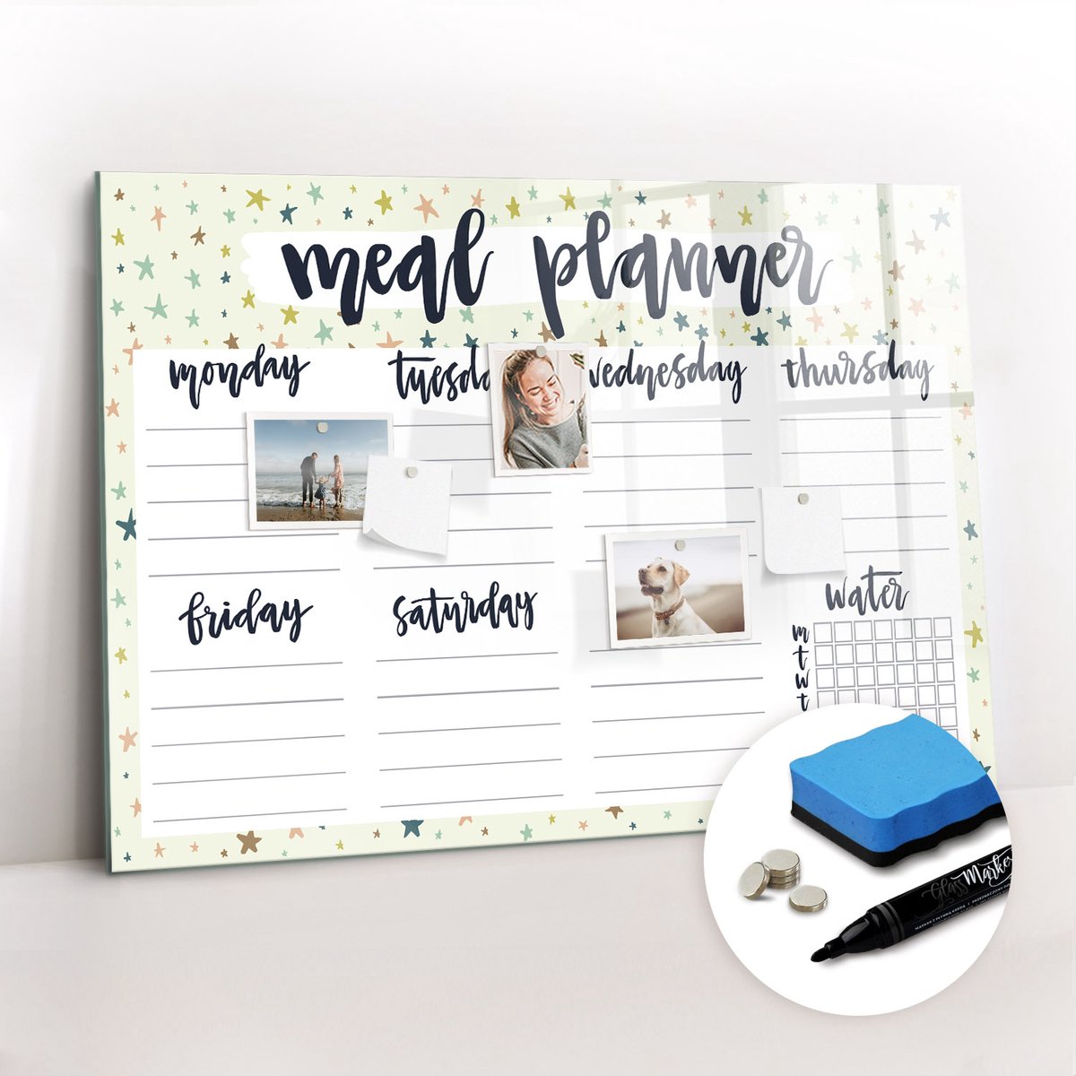 Tulup Whitebord - Sterrenmenu - 100 x 70 cm - Veelkleurig Memobord Glas - Gratis 5 Sterke Magneten + Whiteboard Marker & Wisser - Moderne Wanddecoratie - Memobord Keuken - Planning Muur