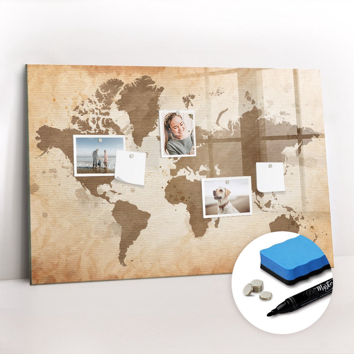 Tulup Whitebord - Artistieke wereldkaart - 90 x 60 cm - Bruin Magnetisch Memobord - Gratis 5 Sterke Magneten + Whiteboard Marker & Wisser - Interieur Accessoires Kantoor - Magnetic Board - Ideeënbord Thuiswerkplek