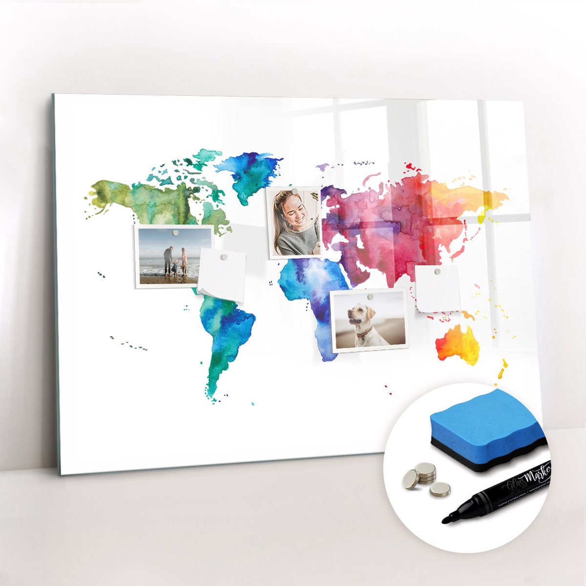 Tulup Whitebord - Aquarel wereldkaart - 100 x 70 cm - Veelkleurig Magneetbord Keuken - Gratis 5 Sterke Magneten + Whiteboard Marker & Wisser - Decoratief Magnetisch Bord - Memobord Glas - Productiviteit Tools