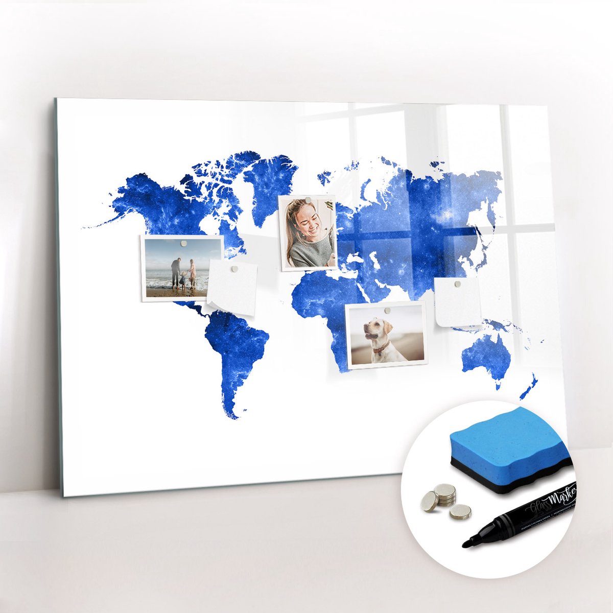 Tulup Whitebord - Ruimtewereldkaart - 100 x 70 cm - Blauw Magnetic Board - Inclusief Gratis Magneten & Marker & Spons - Interieur Accessoires Kantoor - Magnetisch Memobord - Productiviteit Tools